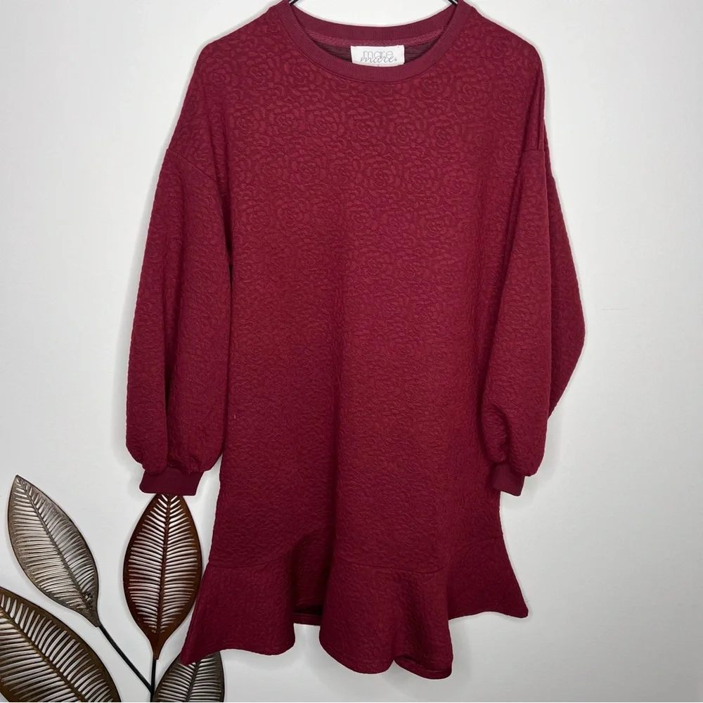H23 Anthropologie‎ Mare Mare Odila Texture Floral Knit Tunic Dress Wine Red